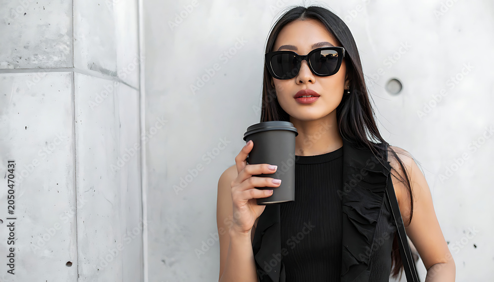 Fototapeta premium Stylish woman holding a coffee cup, wearing sunglasses and a black ruffled top, urban background with concrete wall texture