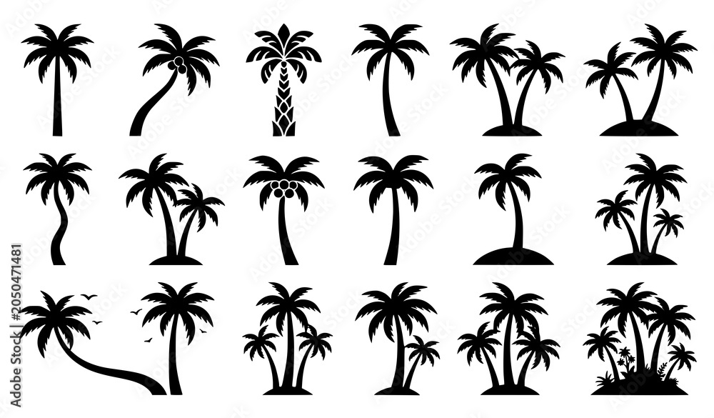 Fototapeta premium Tropical Coconut Tree and Palm Silhouette Vector Collection with Nature Icons