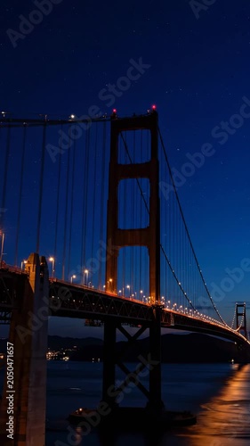 Golden Gate Bridge at night with lights.