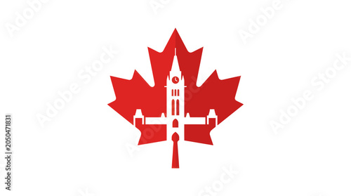 Canadian Parliament Building Silhouette within Red Maple Leaf