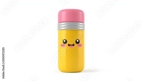 Cute 3D icon of a chubby yellow graphite pencil with a pink eraser top isolated on white background