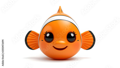 Cute and glossy 3D icon of a smiling clownfish with big expressive eyes isolated on white background