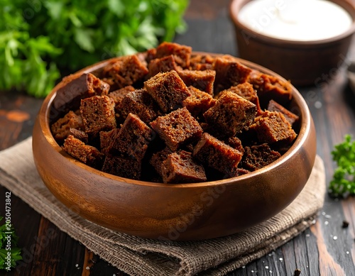 A wooden bowl filled with brown croutons on a table
