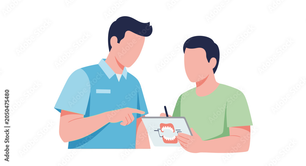 Fototapeta premium Two men discussing a document with a logo on a tablet.