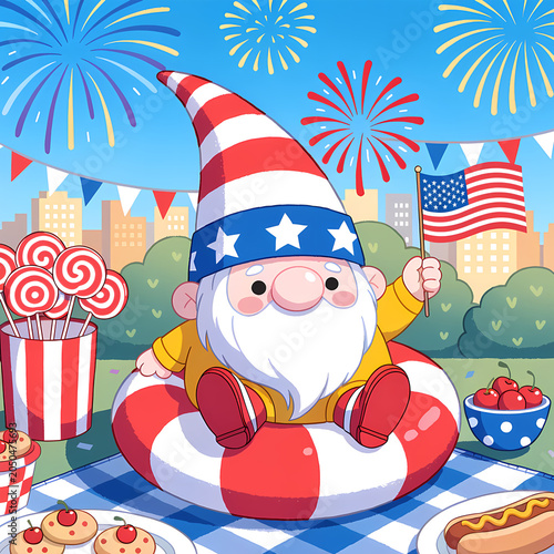 4th of July Independence Day Celebration Illustration Set with American Flag, Fireworks, Patriotic Stars and Stripes Background