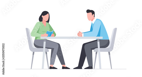 Two people sitting at a table discussing business.
