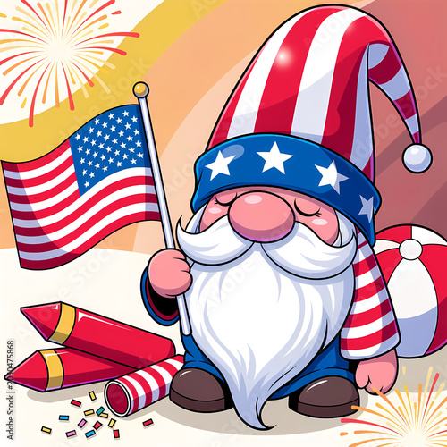 4th of July Independence Day Celebration Illustration Set with American Flag, Fireworks, Patriotic Stars and Stripes Background