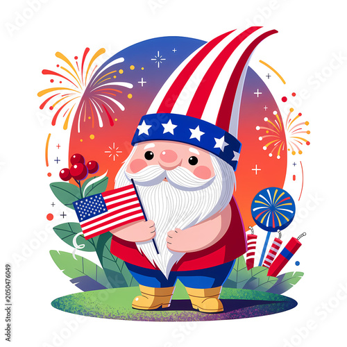 4th of July Independence Day Celebration Illustration Set with American Flag, Fireworks, Patriotic Stars and Stripes Background