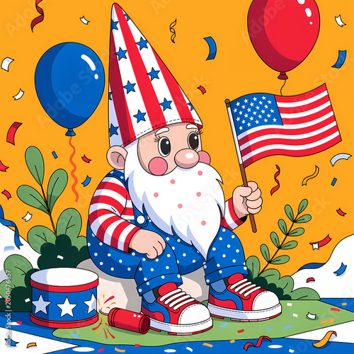 4th of July Independence Day Celebration Illustration Set with American Flag, Fireworks, Patriotic Stars and Stripes Background
