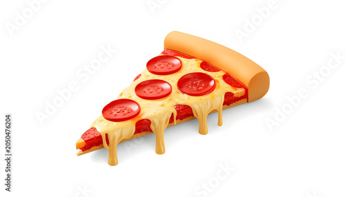 Delicious 3D icon of a single slice of pepperoni pizza with melting mozzarella cheese isolated on white background