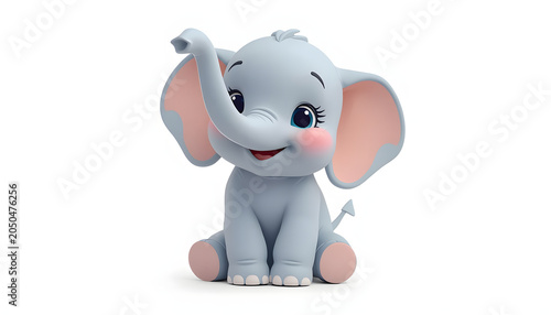 Delightful 3D icon of a cute baby elephant lifting its trunk isolated on white background