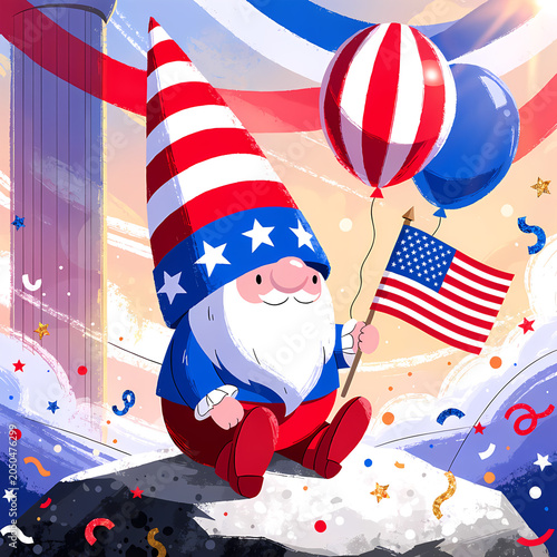 4th of July Independence Day Celebration Illustration Set with American Flag, Fireworks, Patriotic Stars and Stripes Background