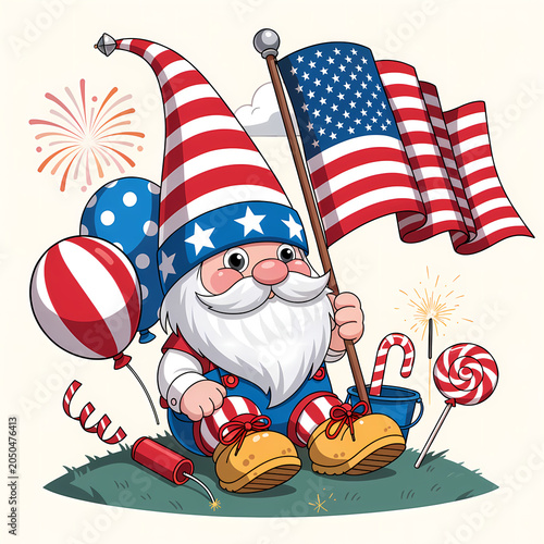 4th of July Independence Day Celebration Illustration Set with American Flag, Fireworks, Patriotic Stars and Stripes Background
