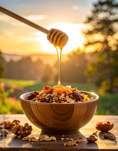 A wooden bowl filled with granola and honey on a rustic table