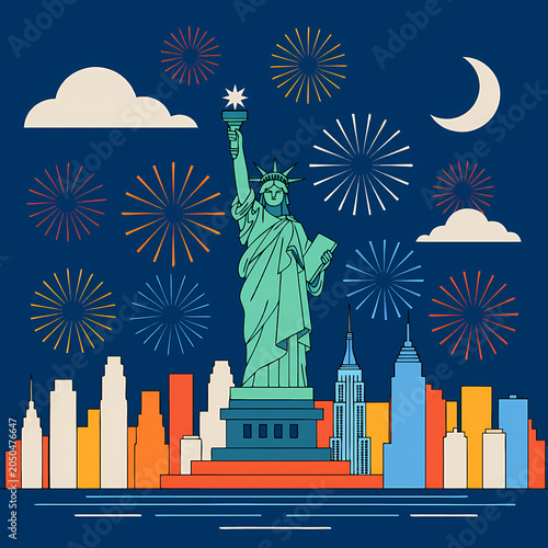 4th of July Independence Day Celebration Illustration Set with American Flag, Fireworks, Patriotic Stars and Stripes Background