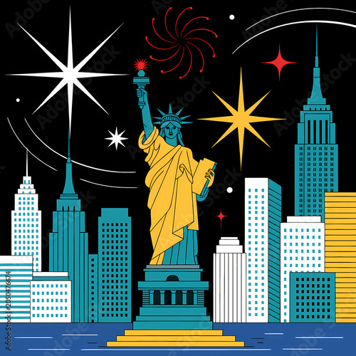 4th of July Independence Day Celebration Illustration Set with American Flag, Fireworks, Patriotic Stars and Stripes Background