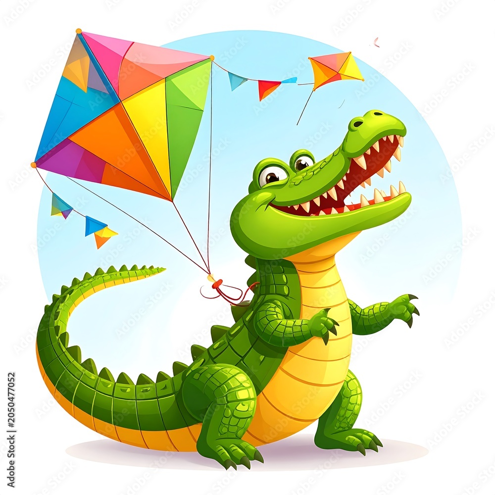 Fototapeta premium Colorful kite soaring above green dinosaur in sky.