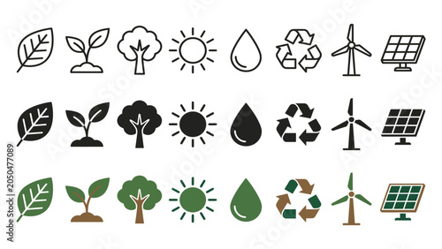 Set of environmental and sustainability icons in outline solid and color styles environment sustainability renewable conservation protection friendly illustration collection resource
