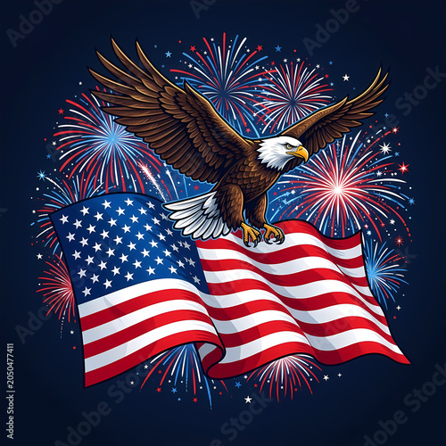 4th of July Independence Day Celebration Illustration Set with American Flag, Fireworks, Patriotic Stars and Stripes Background