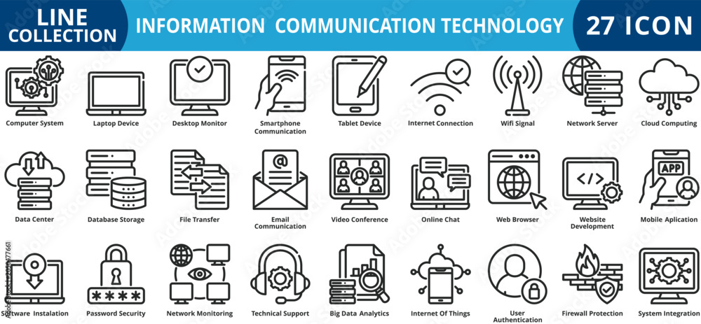 Naklejka premium Information communication technology icon set outline style icon set collection vector illustration