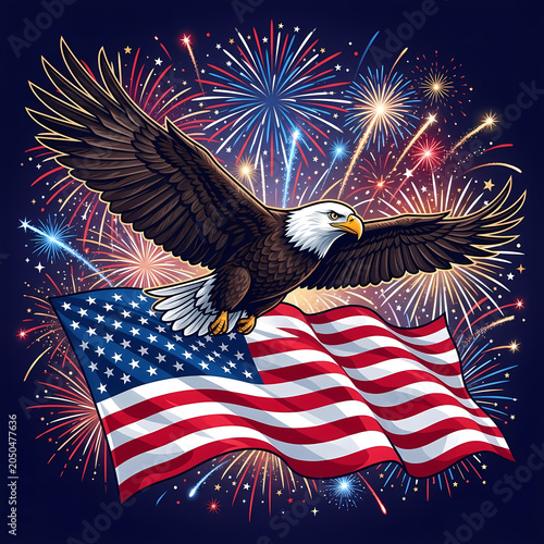 4th of July Independence Day Celebration Illustration Set with American Flag, Fireworks, Patriotic Stars and Stripes Background