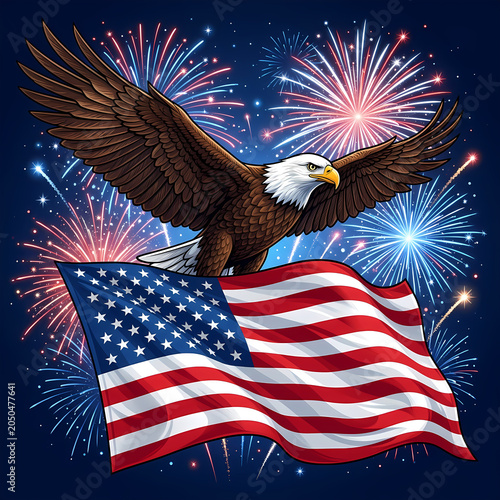 4th of July Independence Day Celebration Illustration Set with American Flag, Fireworks, Patriotic Stars and Stripes Background