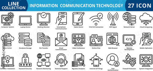 Information communication technology icon set outline style icon set collection vector illustration