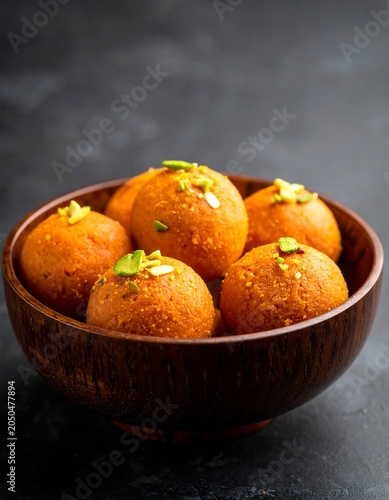 A wooden bowl filled with sweet orange balls garnished with green leaves