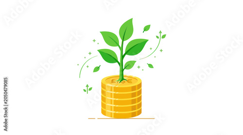 Money growth concept: Plant sprouting from stack of gold coins, symbolizing financial investment and prosperity.