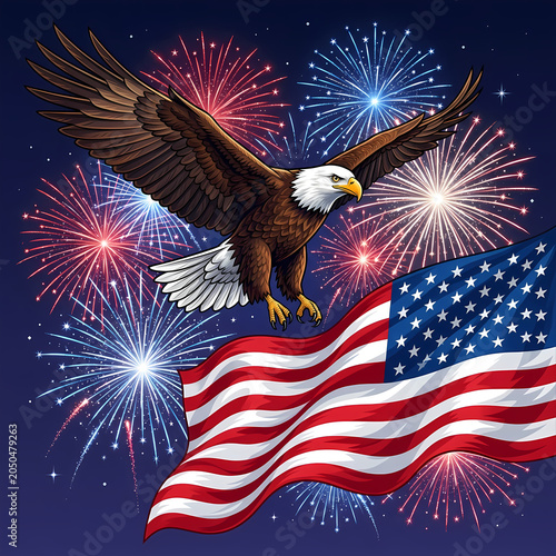 4th of July Independence Day Celebration Illustration Set with American Flag, Fireworks, Patriotic Stars and Stripes Background