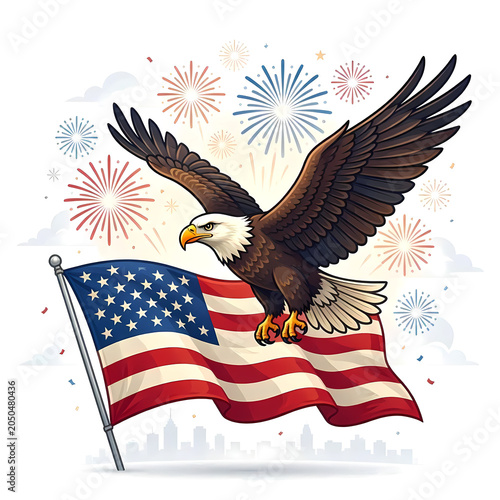 4th of July Independence Day Celebration Illustration Set with American Flag, Fireworks, Patriotic Stars and Stripes Background