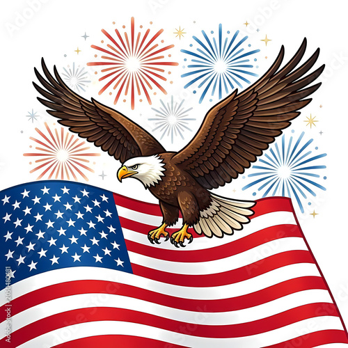 4th of July Independence Day Celebration Illustration Set with American Flag, Fireworks, Patriotic Stars and Stripes Background