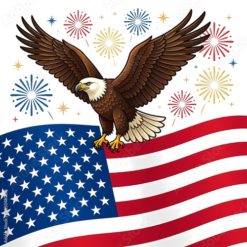 4th of July Independence Day Celebration Illustration Set with American Flag, Fireworks, Patriotic Stars and Stripes Background