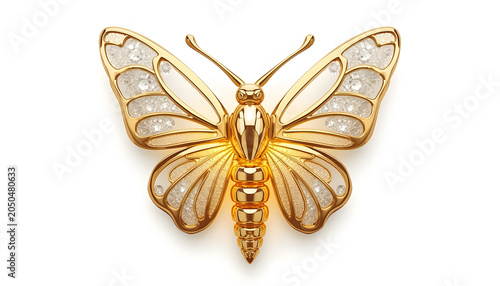 Luxurious 3D icon of a golden butterfly with platinum or crystal wings isolated on white background