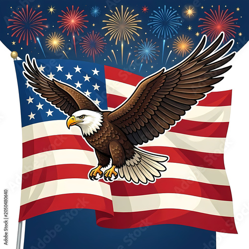 4th of July Independence Day Celebration Illustration Set with American Flag, Fireworks, Patriotic Stars and Stripes Background