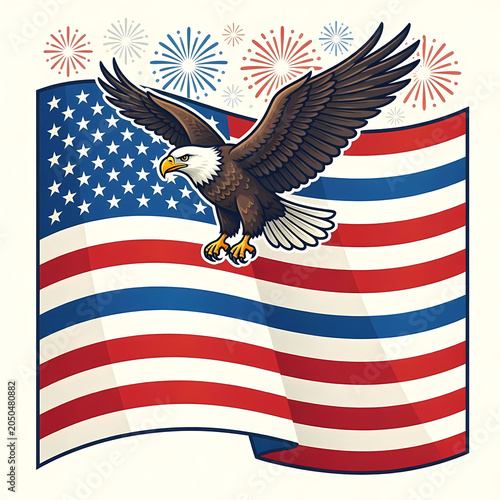 4th of July Independence Day Celebration Illustration Set with American Flag, Fireworks, Patriotic Stars and Stripes Background