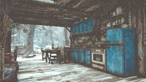 Dilapidated wooden dwelling interior features rustic kitchen appliances opening to a snowy outdoor scene