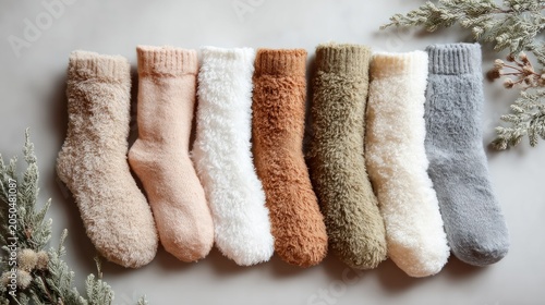 Assortment of plush, cozy footwear displayed horizontally with subtle winter foliage accents