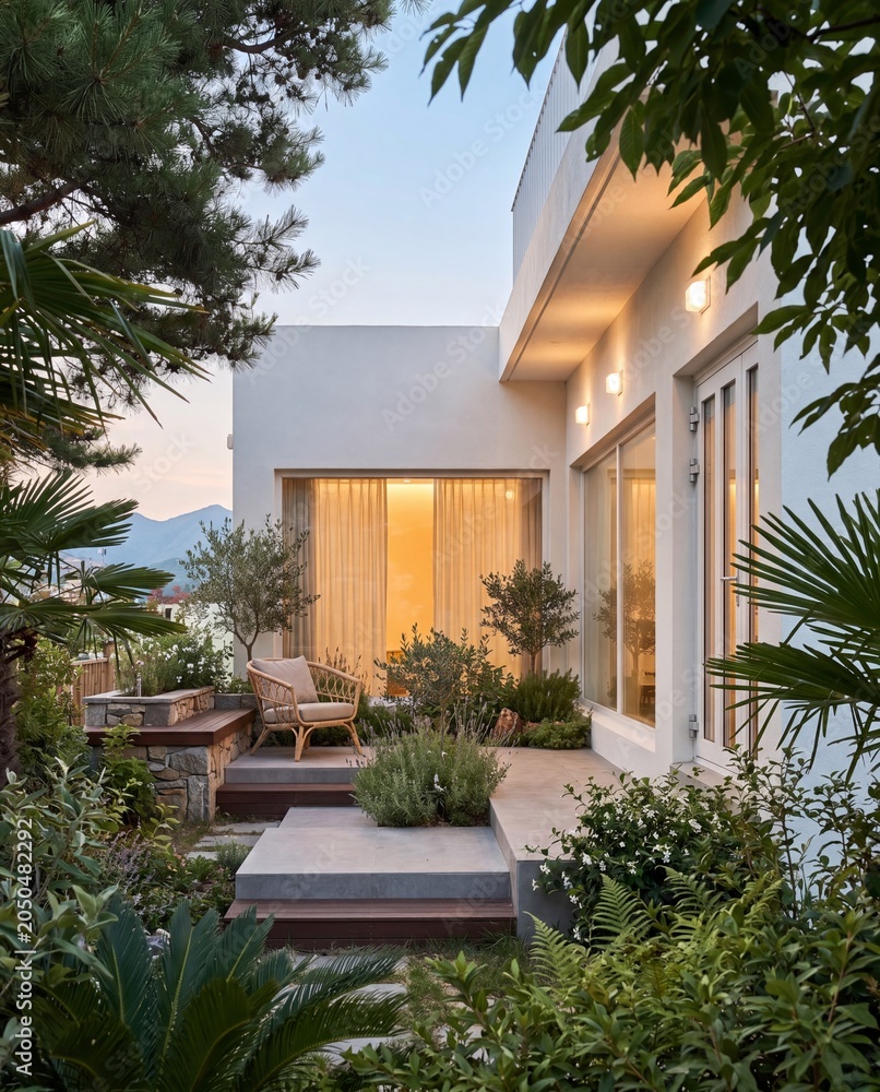 Fototapeta premium Sunlit Resort Villa Pool Area with Minimal Architecture and Lounge Chairs