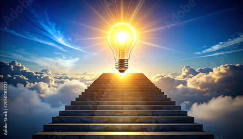 Staircase leading to a glowing light bulb in the sky, symbolizing inspiration and innovation
