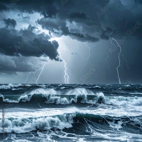 Dramatic Wide Shot of Massive Ocean Storm with Huge Dark Waves and Heavy Rain