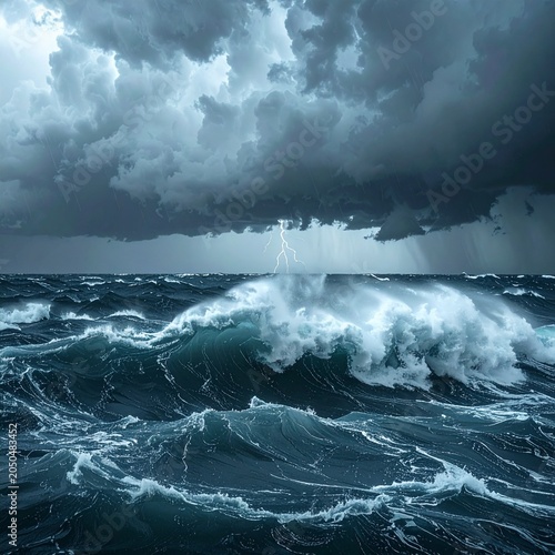 Dramatic Wide Shot of Massive Ocean Storm with Huge Dark Waves and Heavy Rain