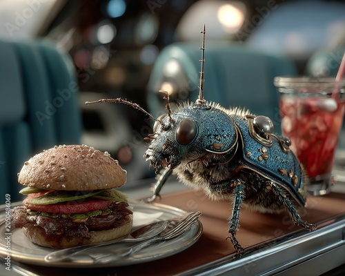 A large insect approaches a juicy hamburger on a plate in a restaurant.