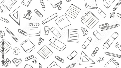 Hand drawn school supplies and office stationery seamless pattern.
