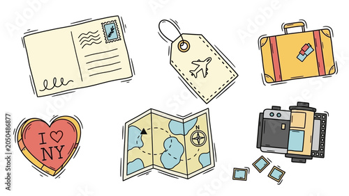Hand drawn travel themed doodles including a postcard luggage tag suitcase map camera and I love NY heart.