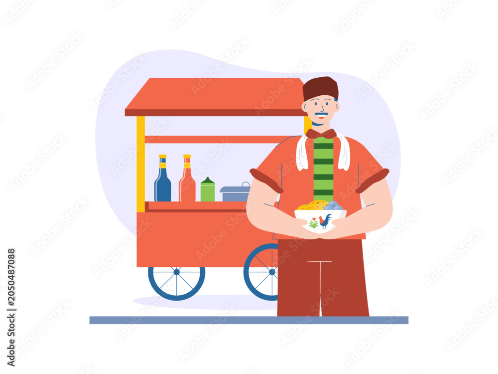 Naklejka premium A chicken noodle seller carries a bowl of noodles on the side of the road. Noodles illustrations. Flat vector concepts.