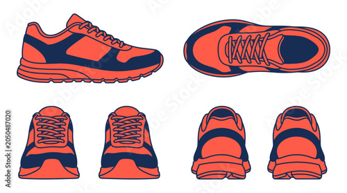 Vector illustration of athletic running shoes from multiple angles