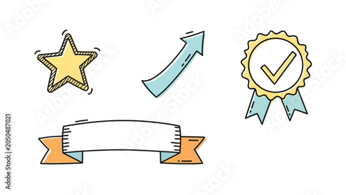 Hand-drawn doodle set of achievement and success icons.