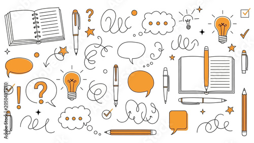 Hand-drawn doodle set of question marks, light bulbs, and speech bubbles for brainstorming and ideas.