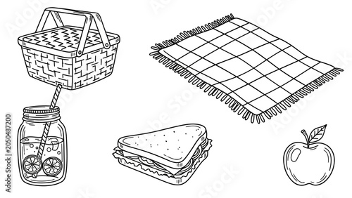Hand-drawn picnic essentials - basket, blanket, sandwich, drink, and apple.